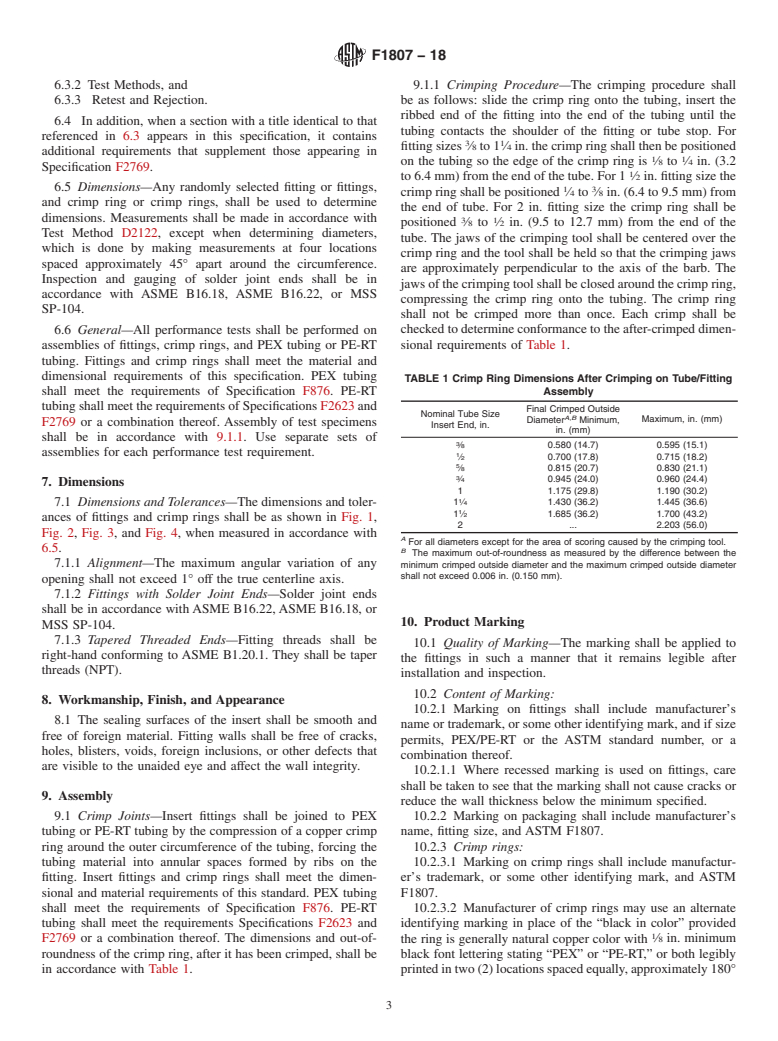 ASTM F1807-18 - Standard Specification for  Metal Insert Fittings Utilizing a Copper Crimp Ring for SDR9   Cross-linked Polyethylene (PEX) Tubing and SDR9 Polyethylene of Raised   Temperature (PE-RT) Tubing