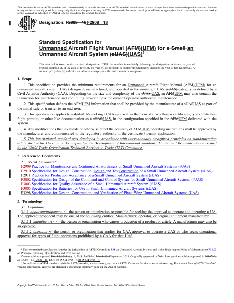 REDLINE ASTM F2908-18 - Standard Specification for Unmanned Aircraft Flight Manual (UFM) for an Unmanned Aircraft  System (UAS)