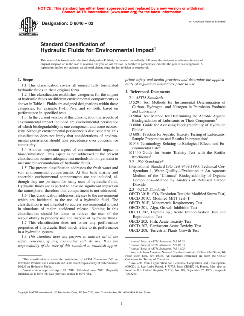 ASTM D6046-02 - Standard Classification of Hydraulic Fluids for Environmental Impact