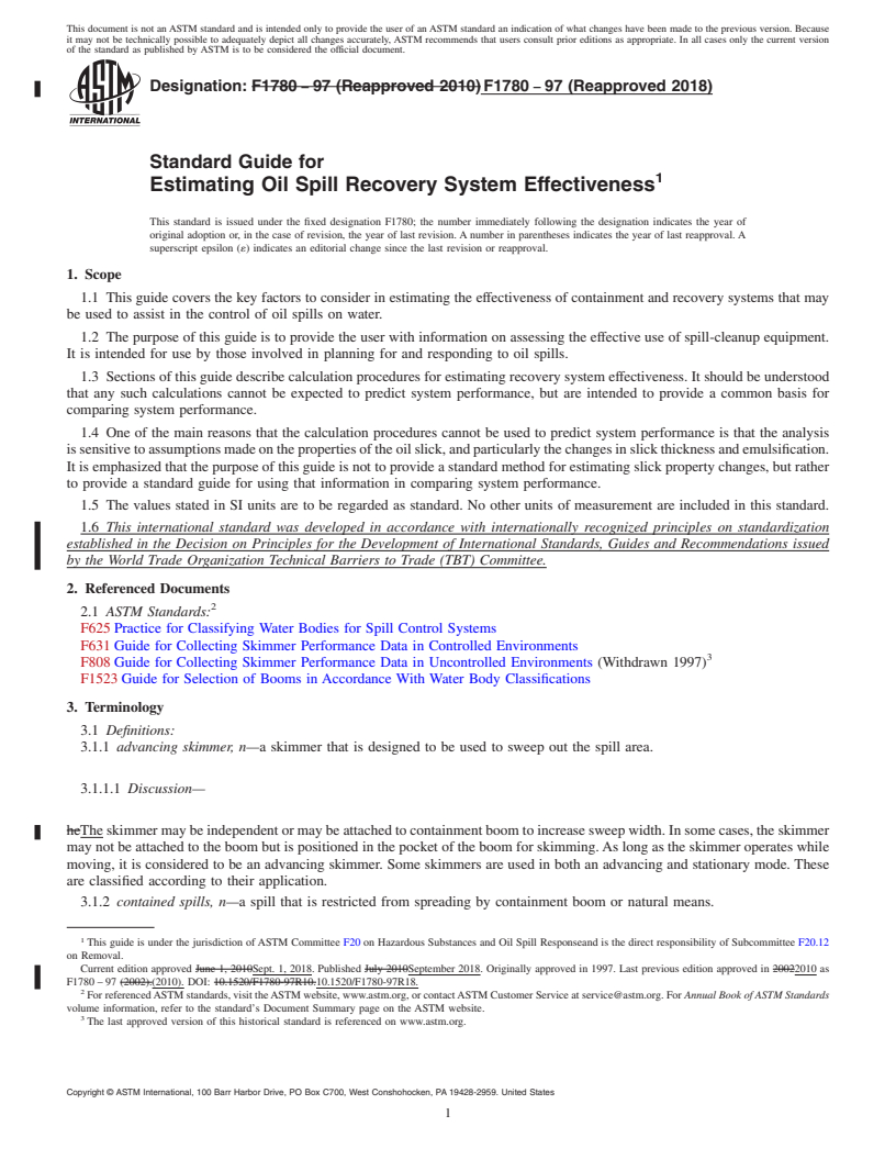 REDLINE ASTM F1780-97(2018) - Standard Guide for  Estimating Oil Spill Recovery System Effectiveness