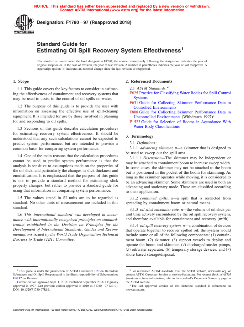 ASTM F1780-97(2018) - Standard Guide for  Estimating Oil Spill Recovery System Effectiveness