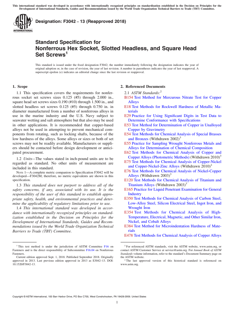 ASTM F3042-13(2018) - Standard Specification for Nonferrous Hex Socket, Slotted Headless, and Square Head Set  Screws