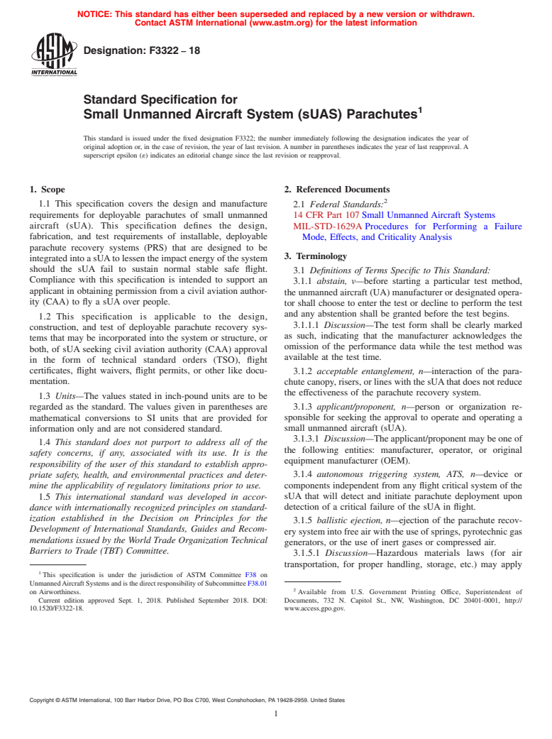 ASTM F3322-18 - Standard Specification for Small Unmanned Aircraft System (sUAS) Parachutes