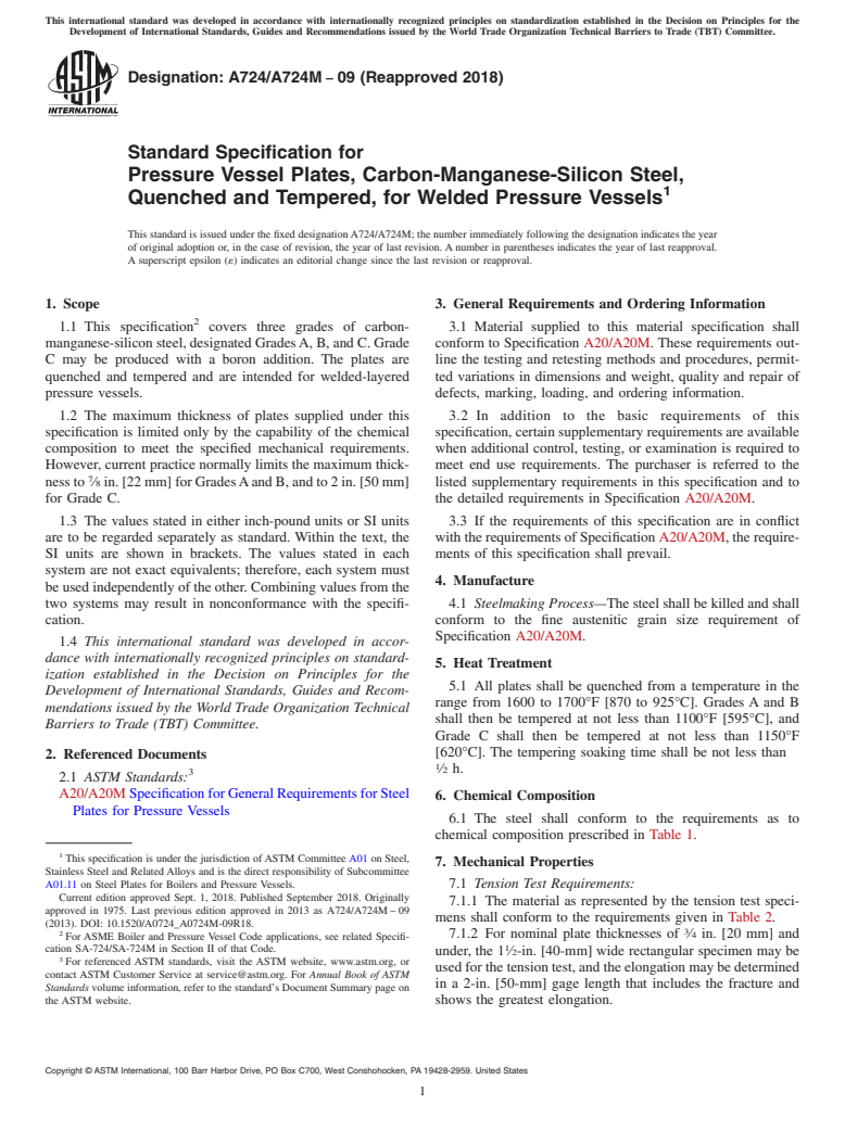 ASTM A724/A724M-09(2018) - Standard Specification for  Pressure Vessel Plates, Carbon-Manganese-Silicon Steel, Quenched  and Tempered, for Welded Pressure Vessels