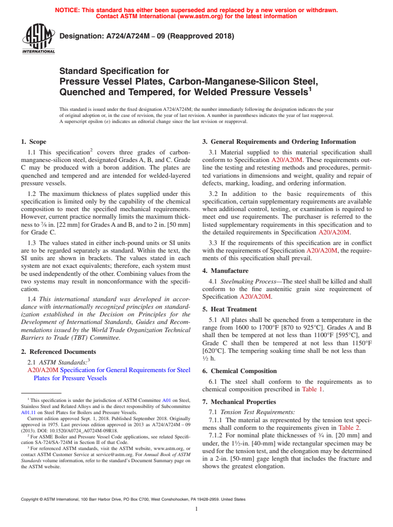 ASTM A724/A724M-09(2018) - Standard Specification for  Pressure Vessel Plates, Carbon-Manganese-Silicon Steel, Quenched  and Tempered, for Welded Pressure Vessels