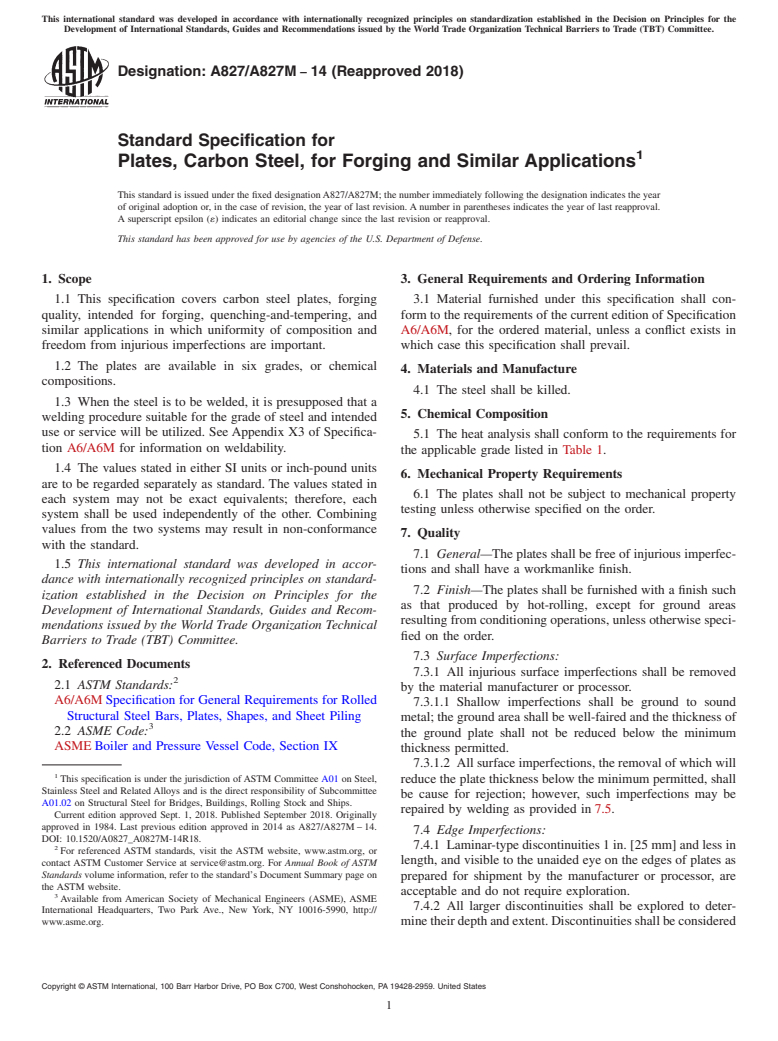 ASTM A827/A827M-14(2018) - Standard Specification for  Plates, Carbon Steel, for Forging and Similar Applications