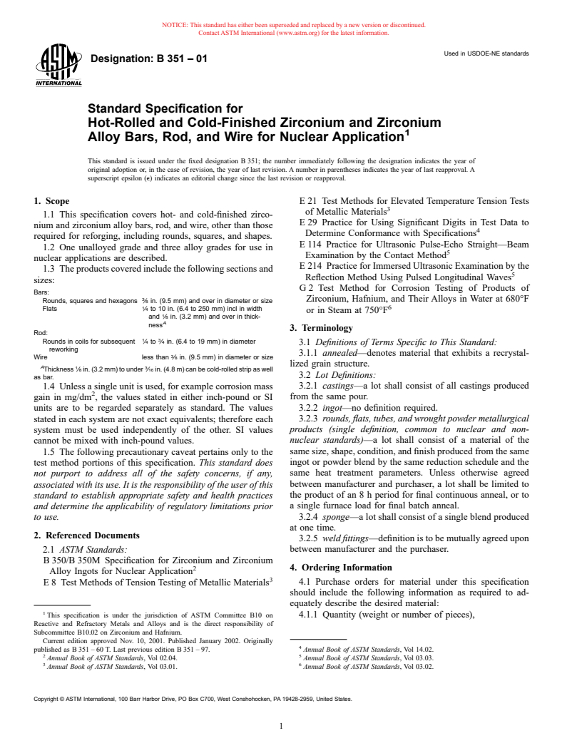 ASTM B351-01 - Standard Specification for Hot-Rolled and Cold-Finished Zirconium and Zirconium Alloy Bars, Rod, and Wire for Nuclear Application