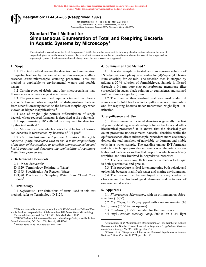 ASTM D4454-85(1997) - Standard Test Method for Simultaneous Enumeration of Total and Respiring Bacteria in Aquatic Systems by Microscopy