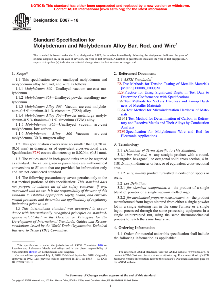 ASTM B387-18 - Standard Specification for Molybdenum and Molybdenum Alloy Bar, Rod, and Wire