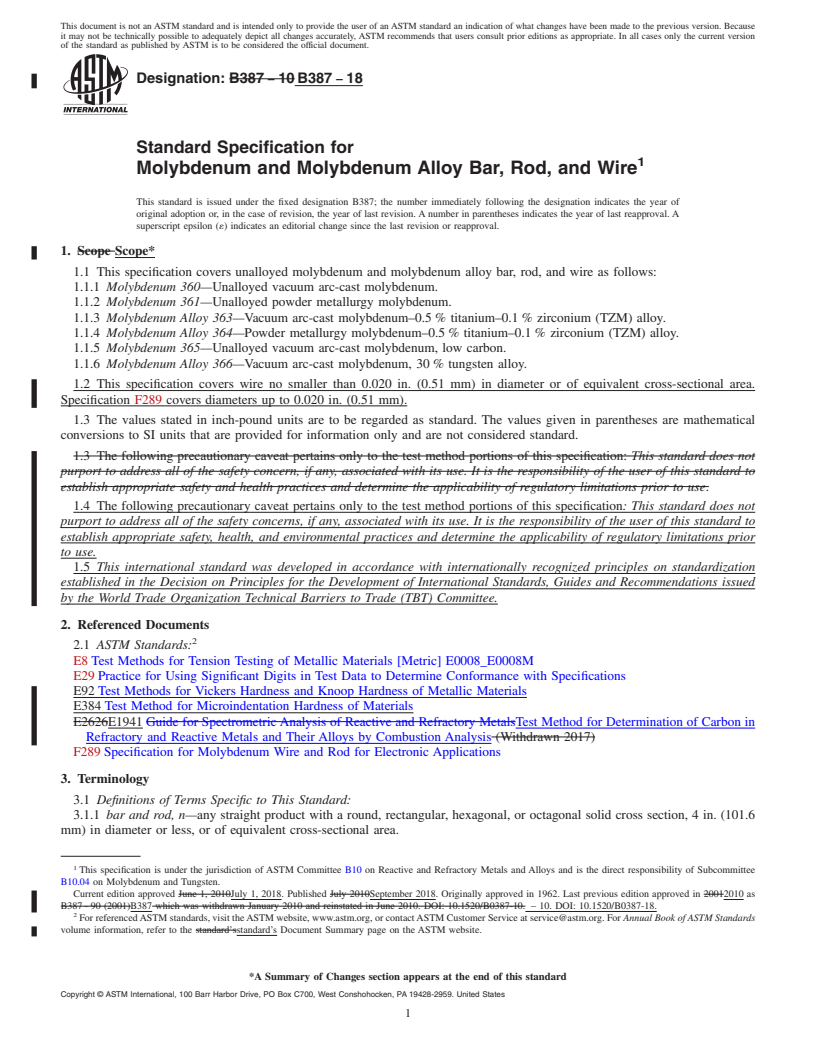 REDLINE ASTM B387-18 - Standard Specification for Molybdenum and Molybdenum Alloy Bar, Rod, and Wire