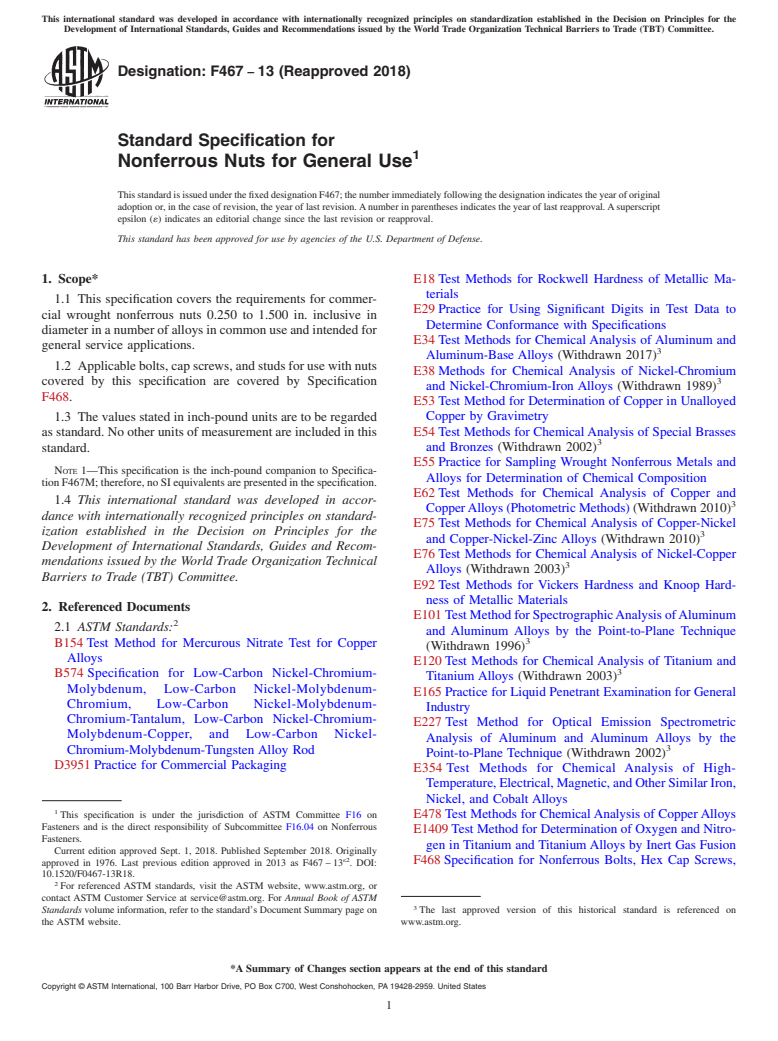 ASTM F467-13(2018) - Standard Specification for  Nonferrous Nuts for General Use