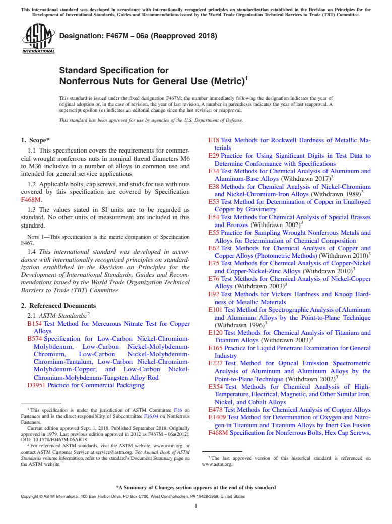 ASTM F467M-06a(2018) - Standard Specification for  Nonferrous Nuts for General Use (Metric)