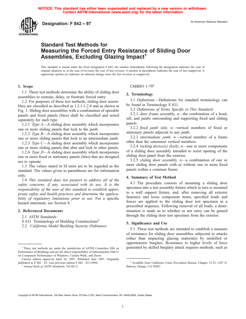 ASTM F842-97 - Standard Test Methods for Measuring the Forced Entry Resistance of Sliding Door Assemblies, Excluding Glazing Impact