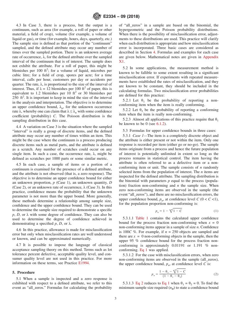 ASTM E2334-09(2018) - Standard Practice for  Setting an Upper Confidence Bound for a Fraction or Number  of Non-Conforming items, or a Rate of Occurrence for Non-Conformities,  Using Attribute Data, When There is a Zero Response in the Sample