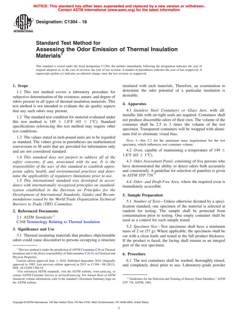 ASTM C1304-18 - Standard Test Method for Assessing the Odor Emission of Thermal Insulation Materials