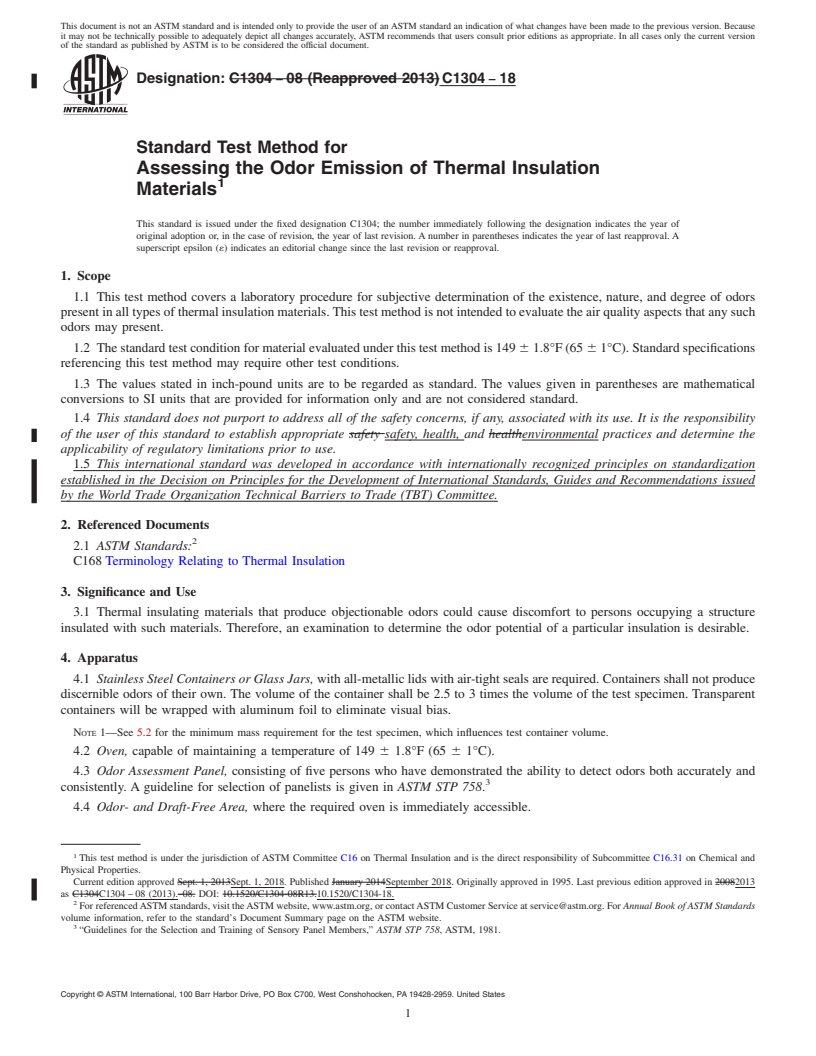 REDLINE ASTM C1304-18 - Standard Test Method for Assessing the Odor Emission of Thermal Insulation Materials