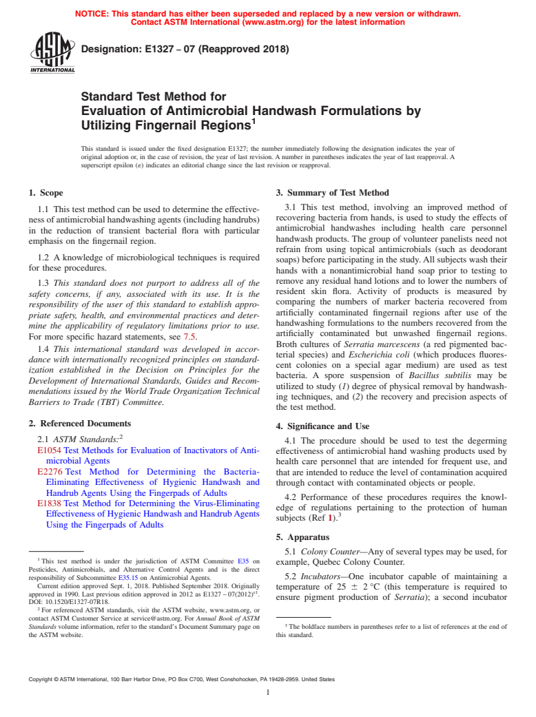 ASTM E1327-07(2018) - Standard Test Method for  Evaluation of Antimicrobial Handwash Formulations by Utilizing Fingernail Regions (Withdrawn 2024)