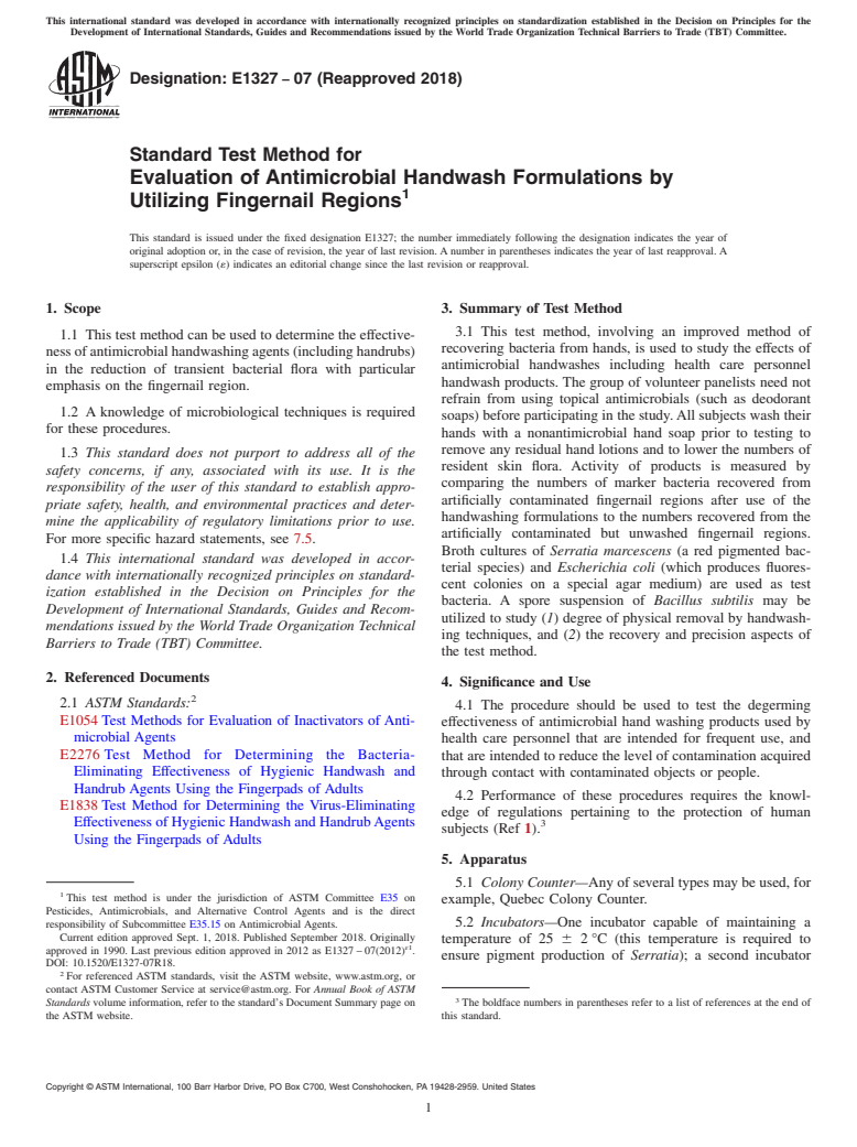 ASTM E1327-07(2018) - Standard Test Method for  Evaluation of Antimicrobial Handwash Formulations by Utilizing Fingernail Regions