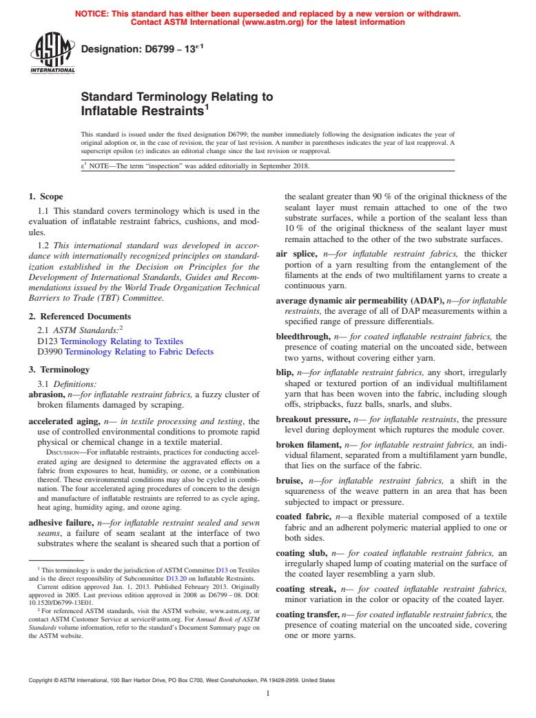 ASTM D6799-13e1 - Standard Terminology Relating to  Inflatable Restraints