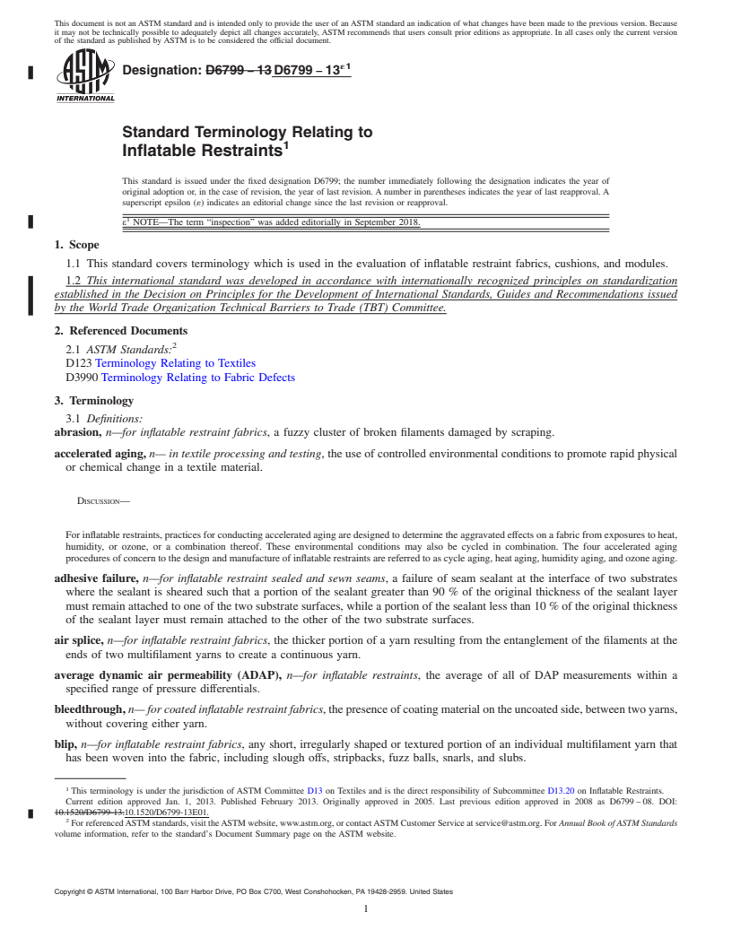 REDLINE ASTM D6799-13e1 - Standard Terminology Relating to  Inflatable Restraints