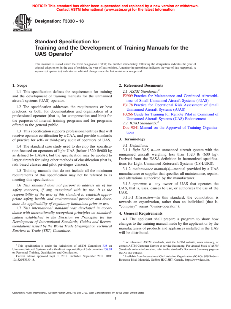 ASTM F3330-18 - Standard Specification for Training and the Development of Training Manuals for the UAS  Operator