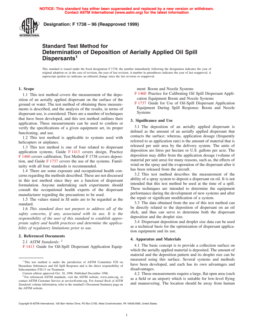 ASTM F1738-96(1999) - Standard Test Method for Determination of Deposition of Aerially Applied Oil Spill Dispersants