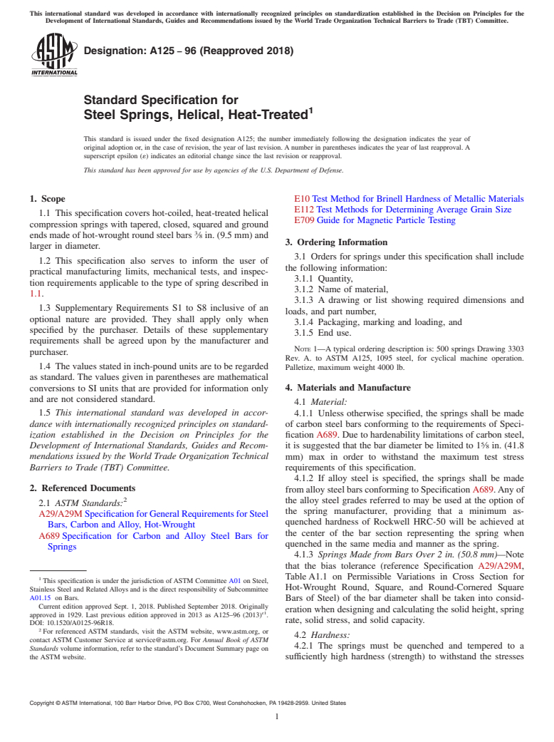 ASTM A125-96(2018) - Standard Specification for Steel Springs, Helical, Heat-Treated