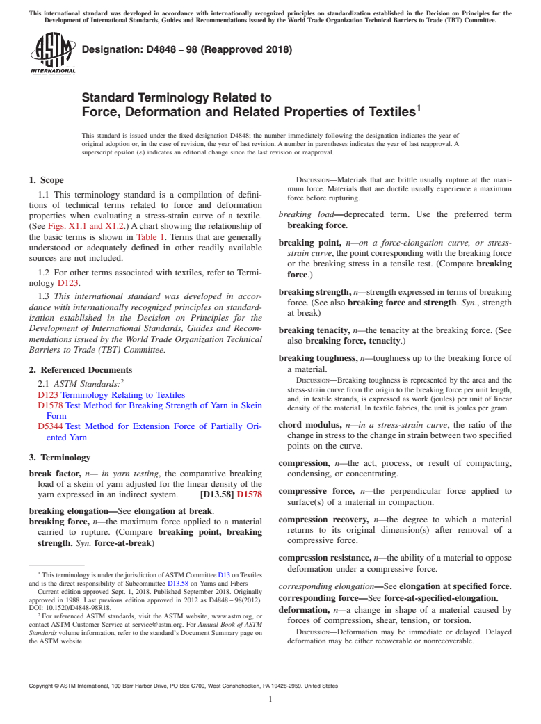 ASTM D4848-98(2018) - Standard Terminology Related to  Force, Deformation and Related Properties of Textiles