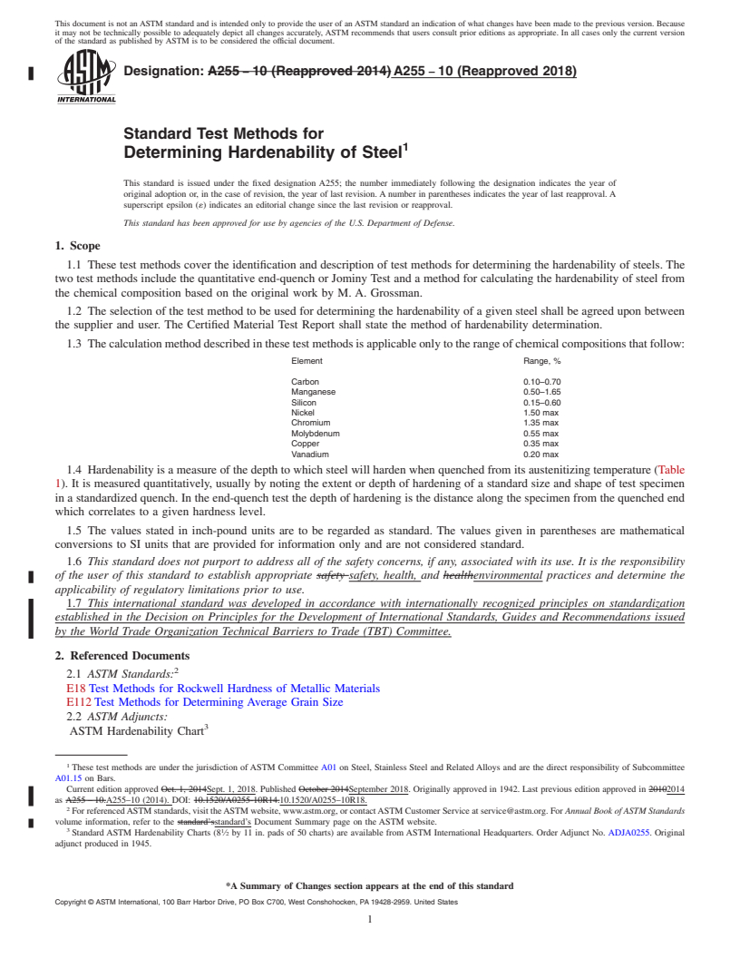 REDLINE ASTM A255-10(2018) - Standard Test Methods for Determining Hardenability of Steel