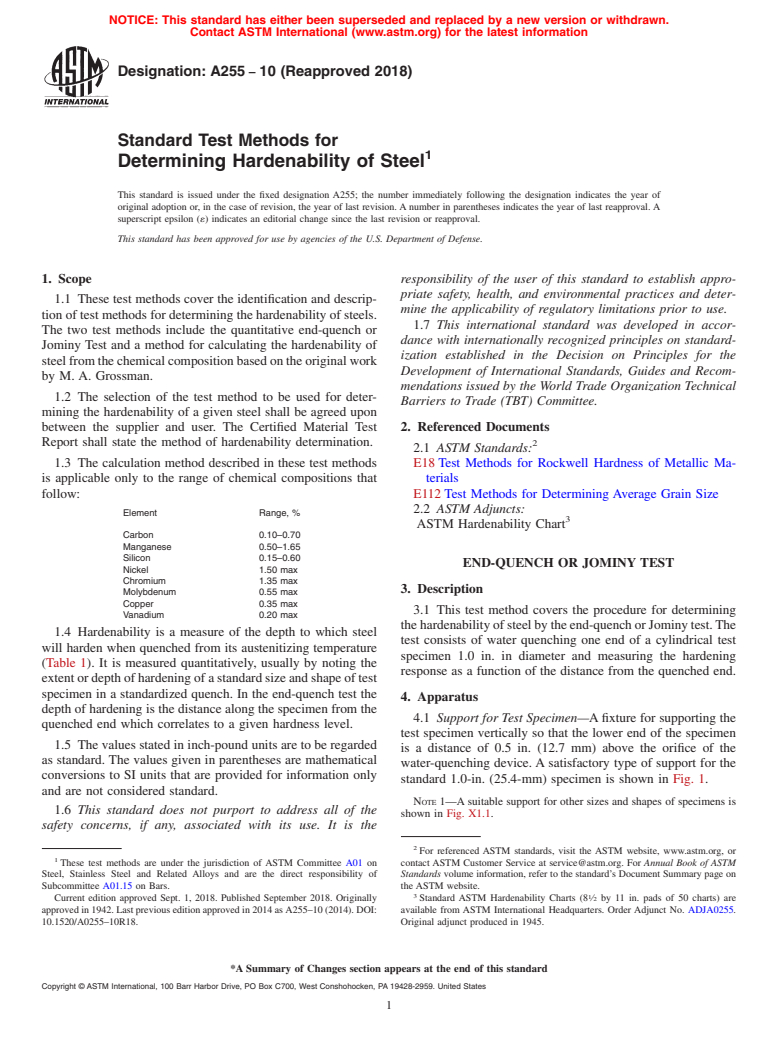 ASTM A255-10(2018) - Standard Test Methods for Determining Hardenability of Steel