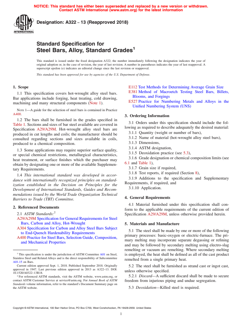 ASTM A322-13(2018) - Standard Specification for Steel Bars, Alloy, Standard Grades