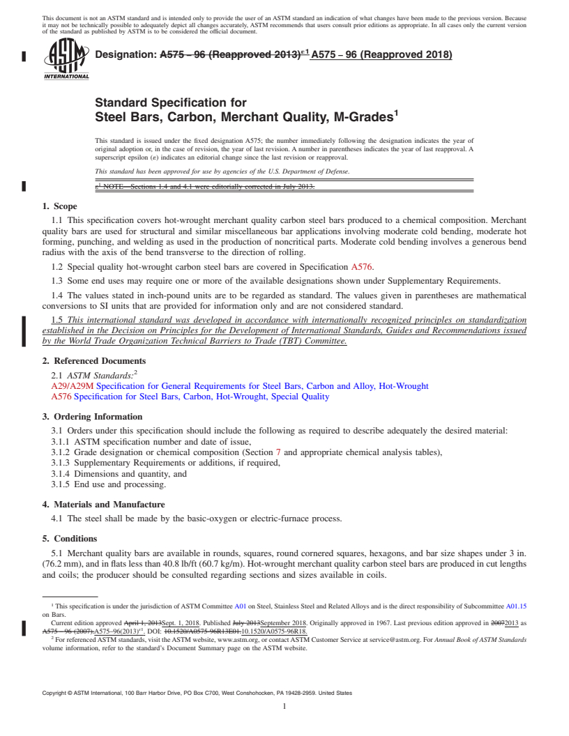 REDLINE ASTM A575-96(2018) - Standard Specification for Steel Bars, Carbon, Merchant Quality, M-Grades