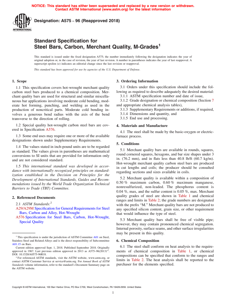 ASTM A575-96(2018) - Standard Specification for Steel Bars, Carbon, Merchant Quality, M-Grades