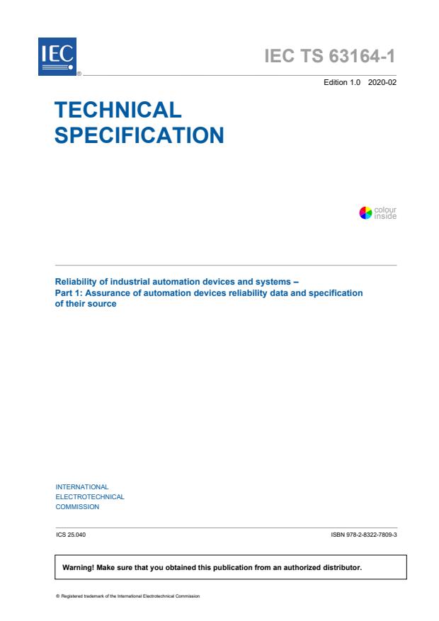 IEC TS 63164-1:2020 - Reliability of industrial automation devices and systems - Part 1: Assurance of automation devices reliability data and specification of their source