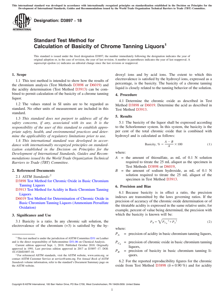ASTM D3897-18 - Standard Test Method for  Calculation of Basicity of Chrome Tanning Liquors