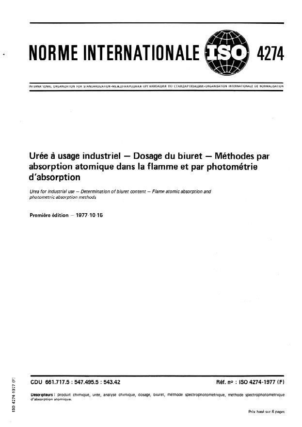 ISO 4274:1977 - Urée a usage industriel -- Dosage du biuret -- Méthodes par absorption atomique dans la flamme et par photométrie d'absorption