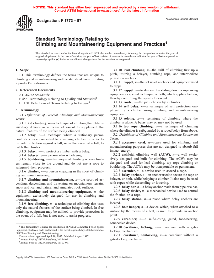 ASTM F1773-97 - Standard Terminology Relating to Climbing and Mountaineering Equipment and Practices