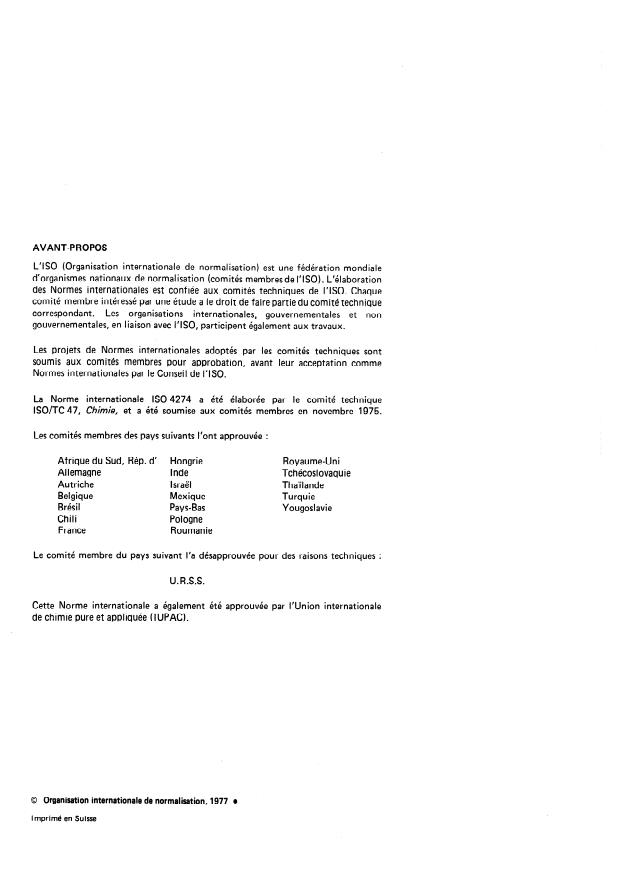 ISO 4274:1977 ISO 4274:1977 - Urée a usage industriel -- Dosage du biuret -- Méthodes par absorption atomique dans la flamme et par photométrie d'absorption - Page 2 preview