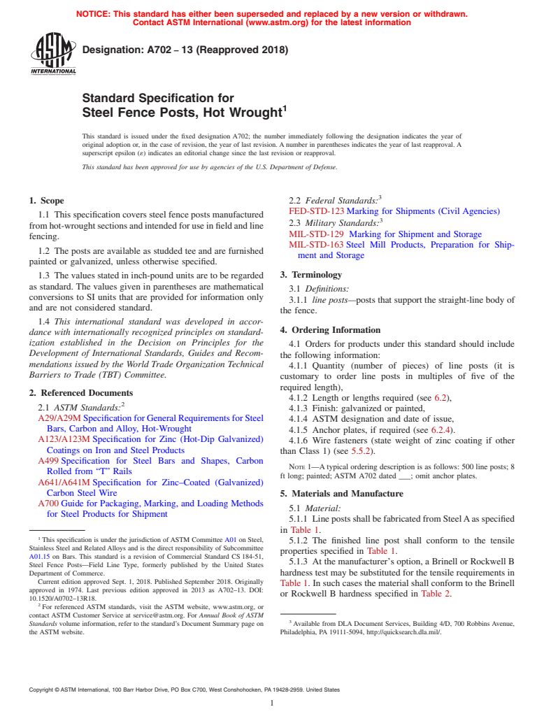 ASTM A702-13(2018) - Standard Specification for Steel Fence Posts, Hot Wrought