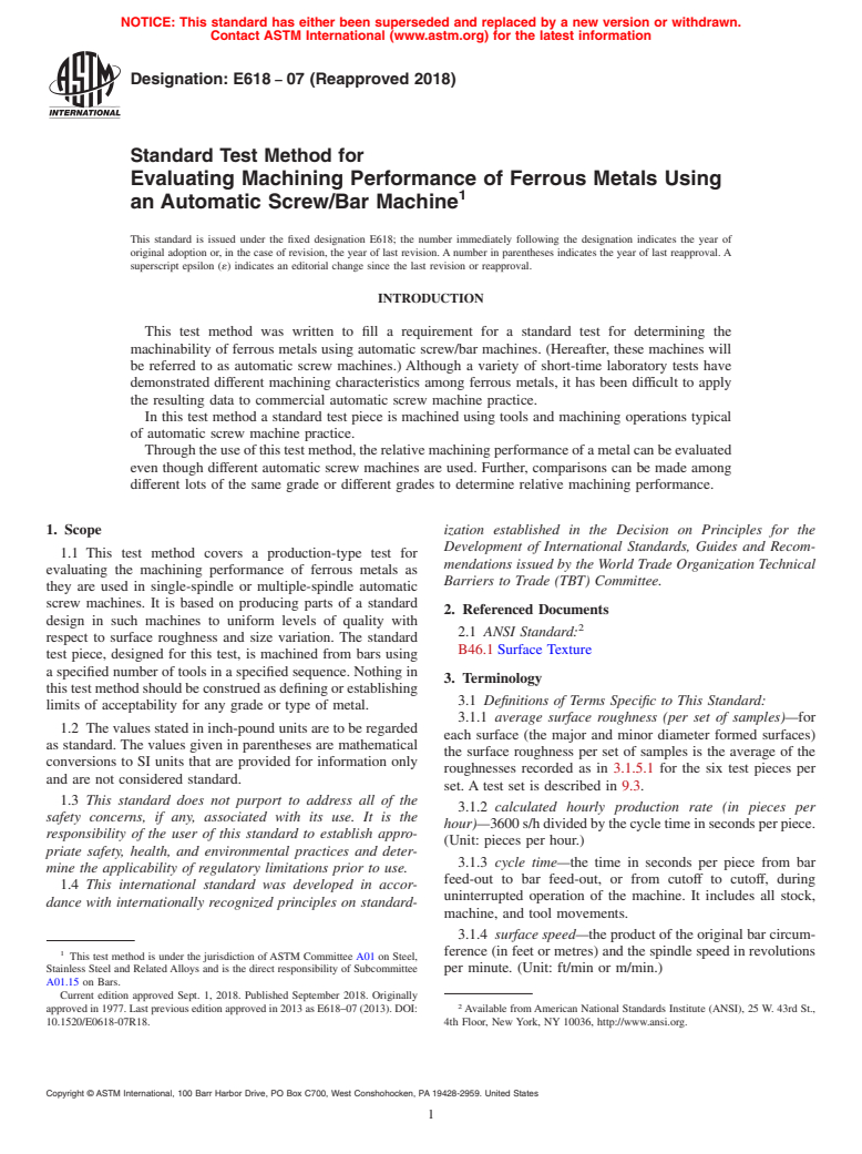 ASTM E618-07(2018) - Standard Test Method for Evaluating Machining Performance of Ferrous Metals Using an  Automatic Screw/Bar Machine (Withdrawn 2023)