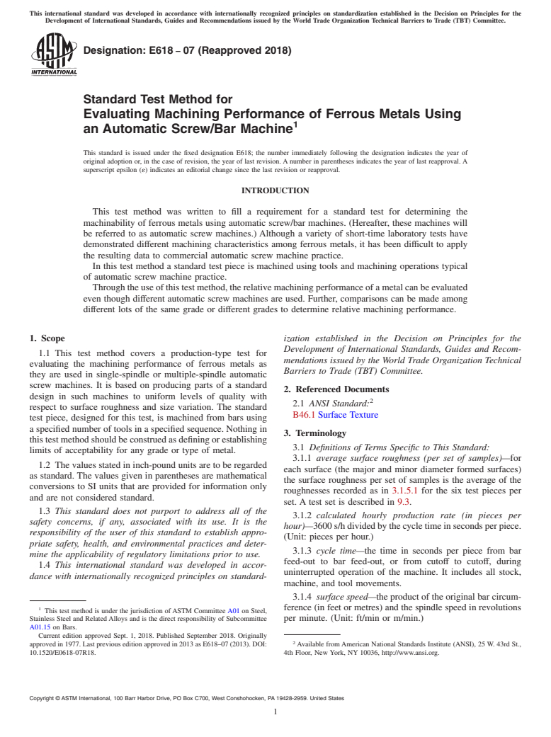 ASTM E618-07(2018) - Standard Test Method for Evaluating Machining Performance of Ferrous Metals Using an  Automatic Screw/Bar Machine