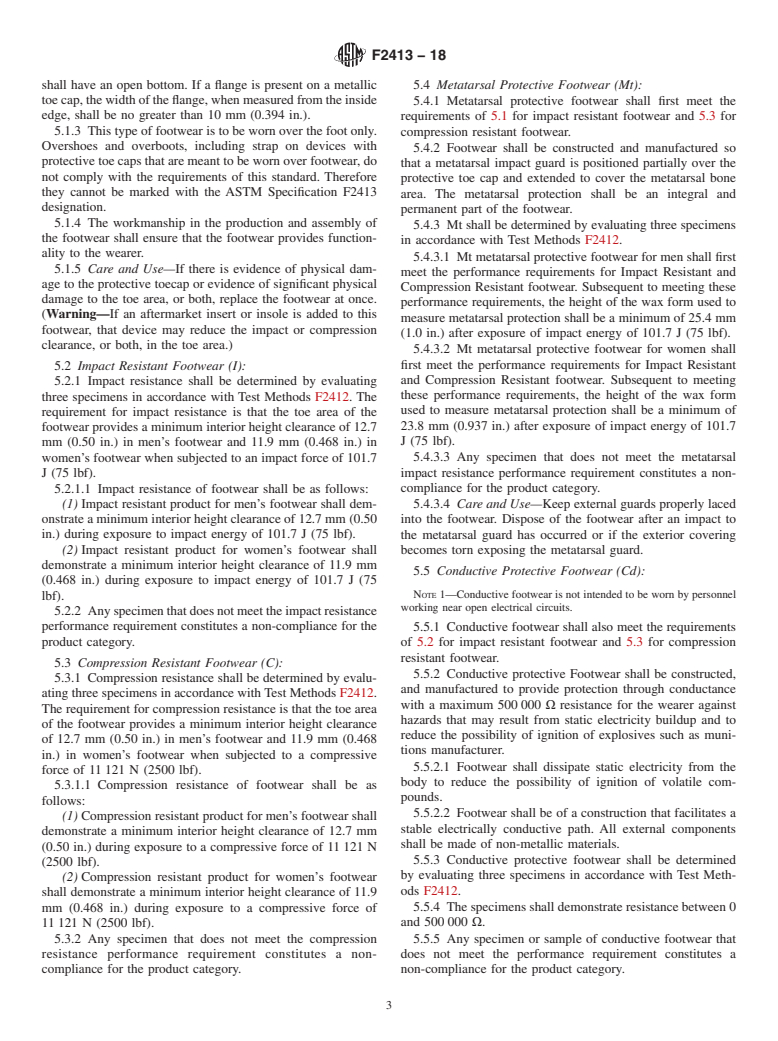 ASTM F2413-18 - Standard Specification for  Performance Requirements for Protective (Safety) Toe Cap Footwear