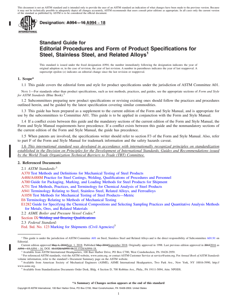 REDLINE ASTM A994-18 - Standard Guide for  Editorial Procedures and Form of Product Specifications for  Steel, Stainless Steel, and Related Alloys