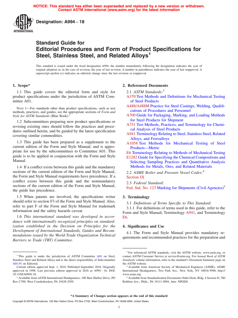 ASTM A994-18 - Standard Guide for  Editorial Procedures and Form of Product Specifications for  Steel, Stainless Steel, and Related Alloys