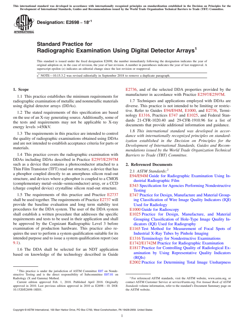 ASTM E2698-18e1 - Standard Practice for Radiographic Examination Using Digital Detector Arrays
