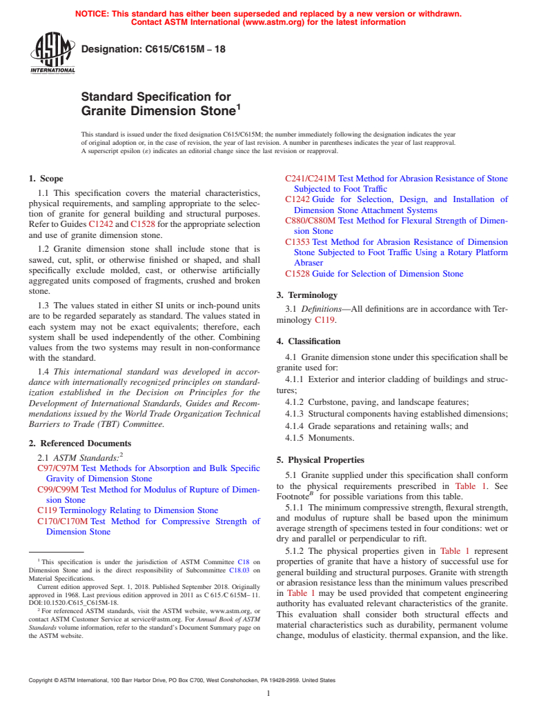 ASTM C615/C615M-18 - Standard Specification for  Granite Dimension Stone