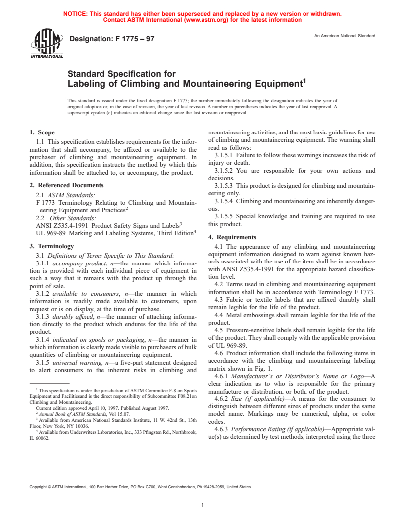 ASTM F1775-97 - Standard Specification for Labeling of Climbing and Mountaineering Equipment