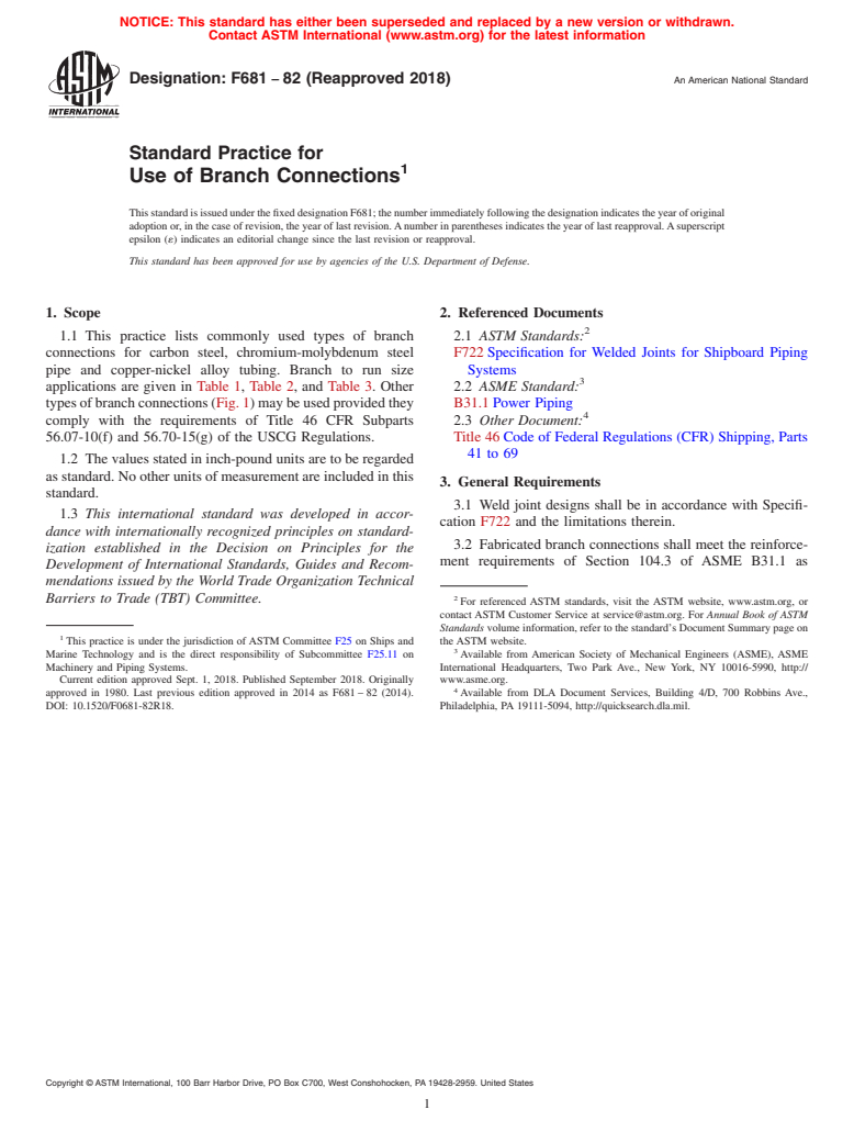 ASTM F681-82(2018) - Standard Practice for  Use of Branch Connections