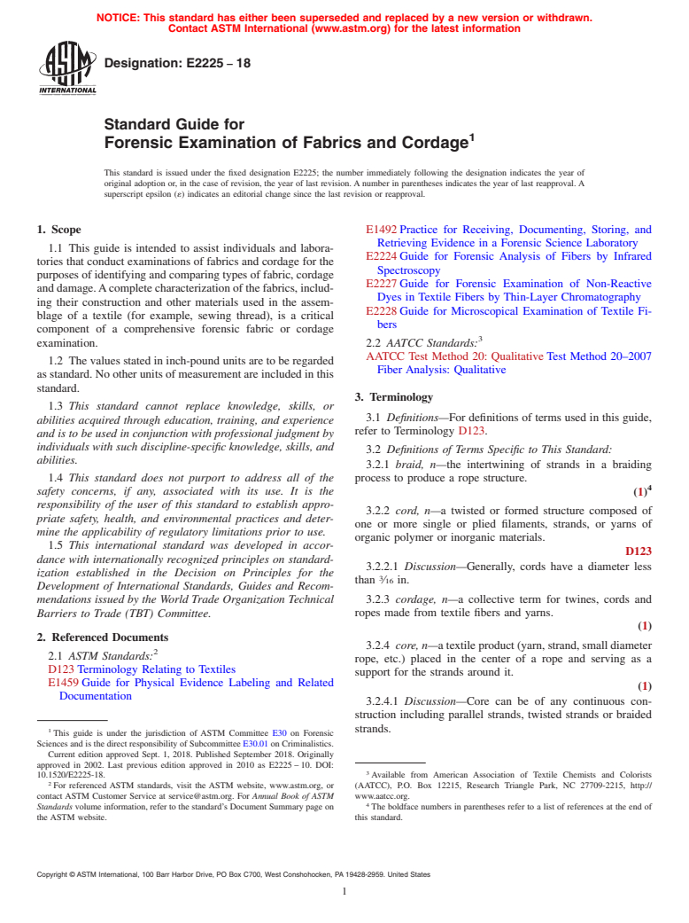 ASTM E2225-18 - Standard Guide for Forensic Examination of Fabrics and Cordage