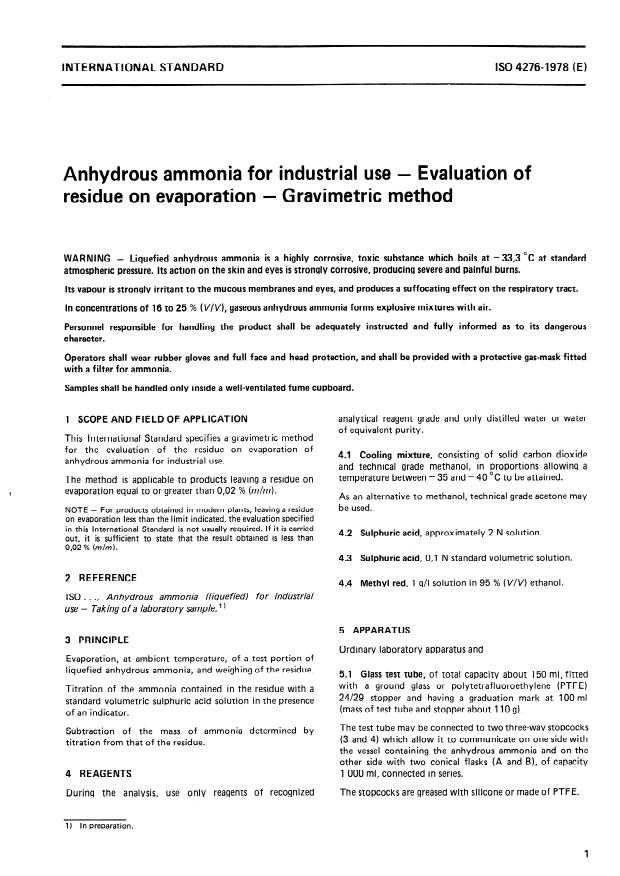 ISO 4276:1978 - Anhydrous ammonia for industrial use -- Evaluation of residue on evaporation -- Gravimetric method
